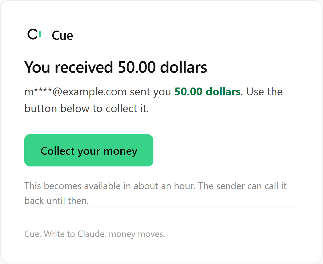 The email a recipient receives, showing the amount and a button to collect it
